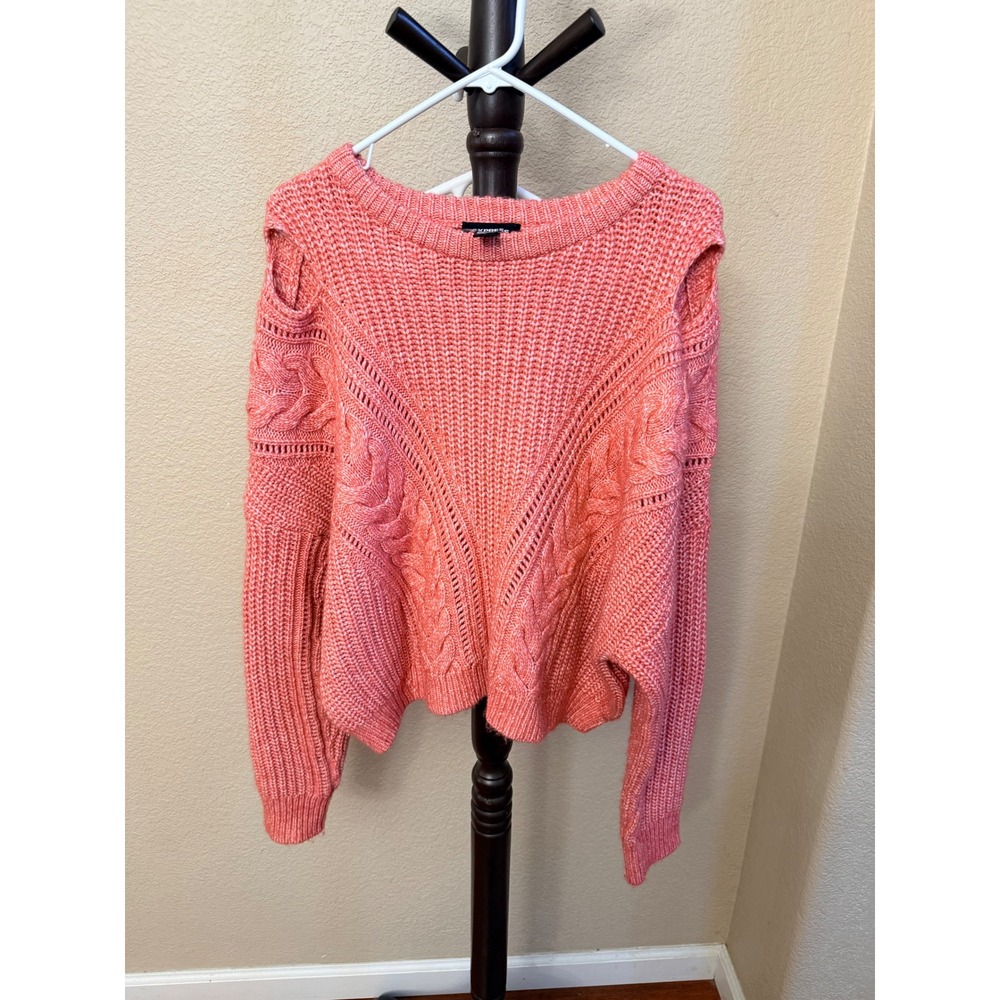 Express Conscious Edit Coral Pink Cable Knit Cold Shoulder Cropped Sweater XL